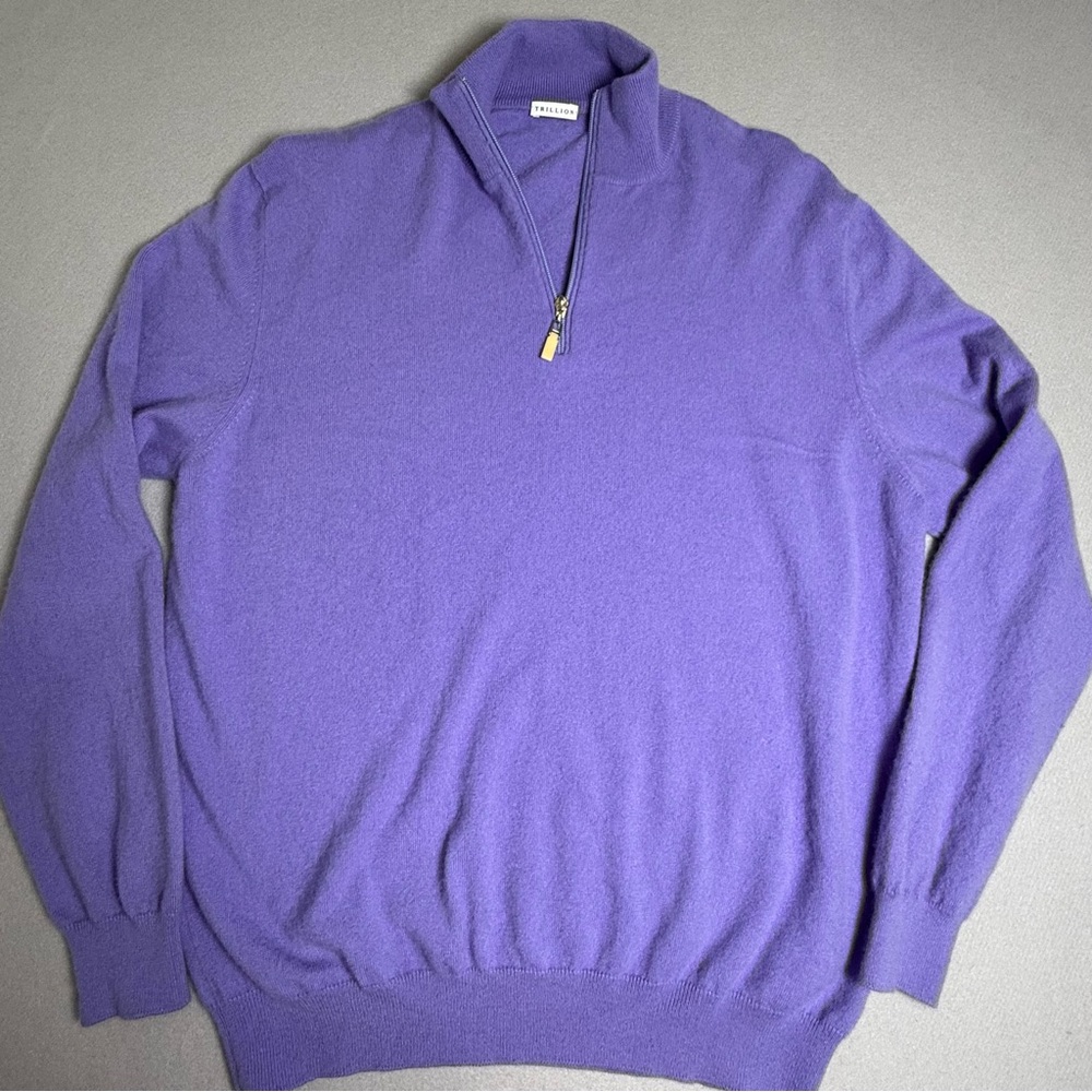 TRILLION Purple 100% CASHMERE Woven Crewneck Sweater 3XL 58 1/4  Quarter Zip